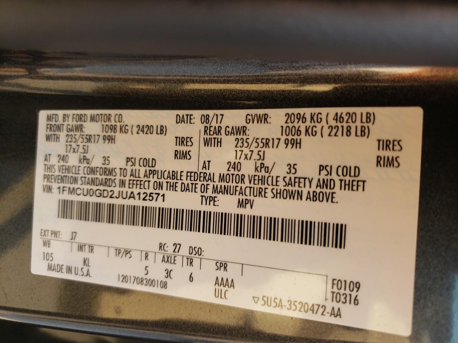 Photo 10 from auction – 2018 FORD ESCAPE SE with VIN 1FMCU0GD2JUA12571