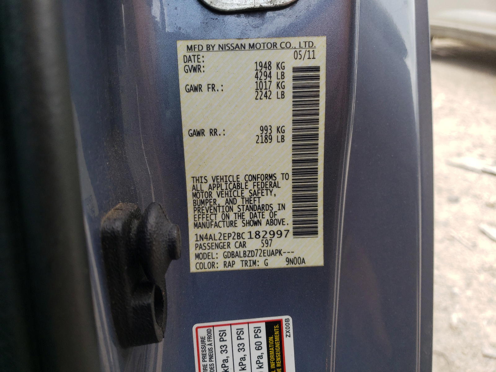 Photo 10 from auction – 2011 NISSAN ALTIMA S with VIN 1N4AL2EP2BC182997