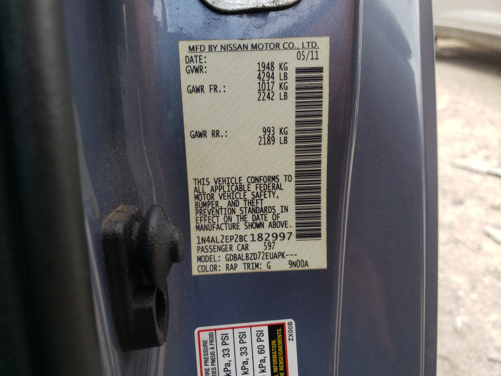 Фото 10 с аукциона – 2011 NISSAN ALTIMA S с VIN 1N4AL2EP2BC182997