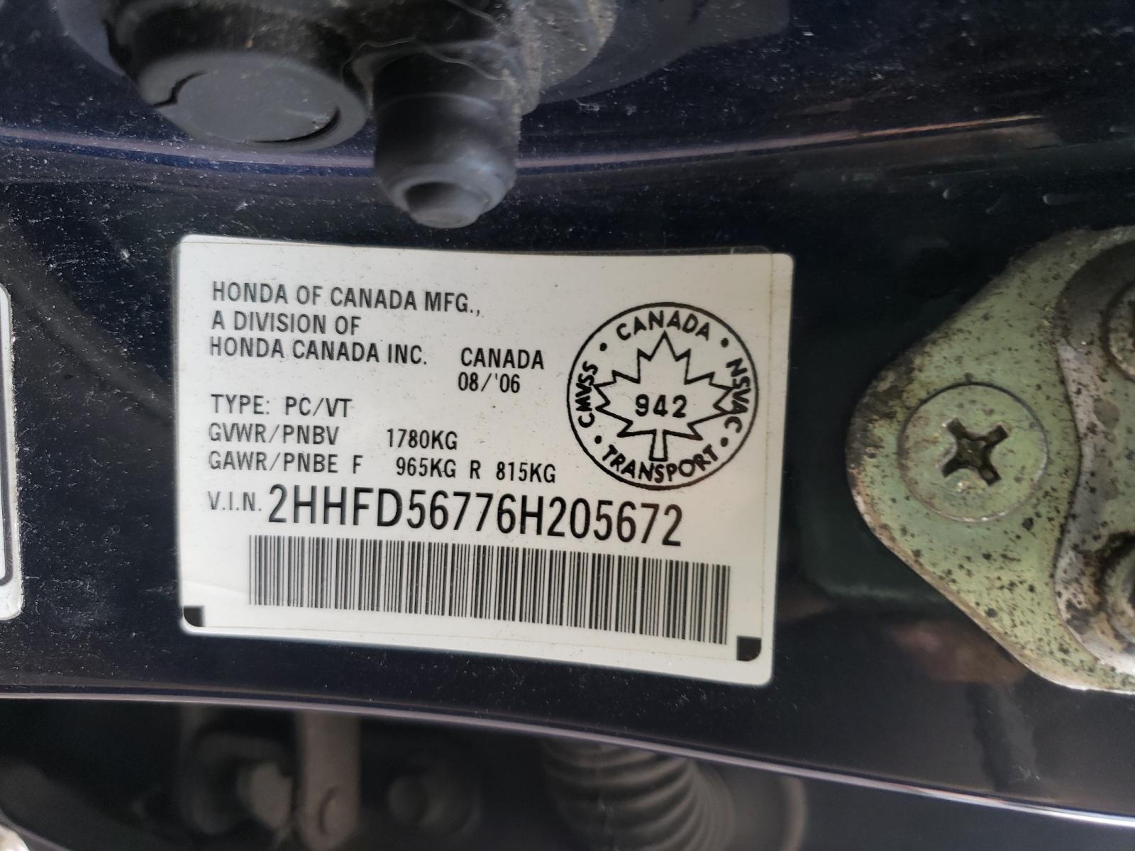 Photo 10 from auction – 2006 ACURA CSX PREMIU with VIN 2HHFD56776H205672