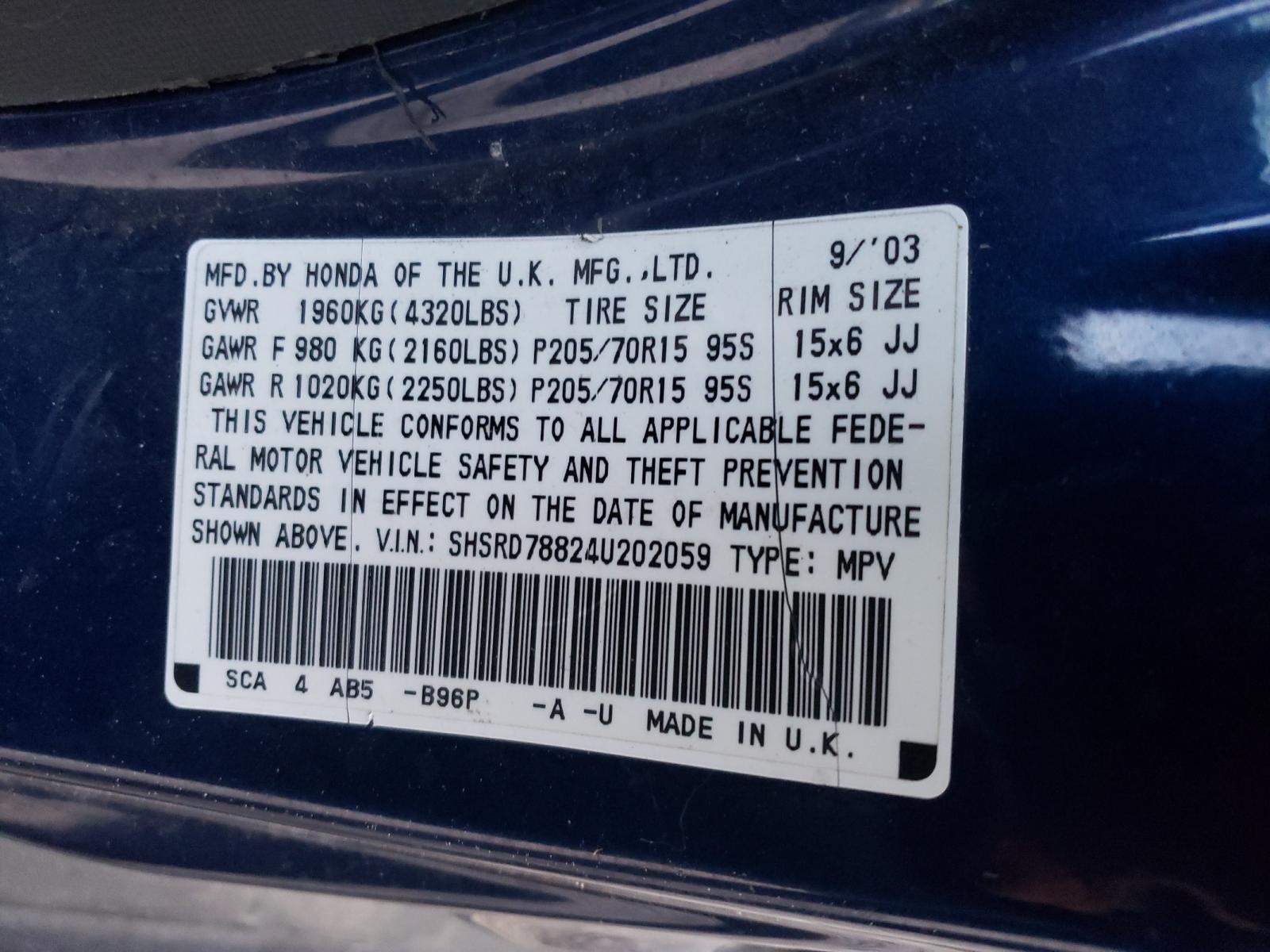 Photo 10 from auction – 2004 HONDA CR-V with VIN SHSRD78824U202059