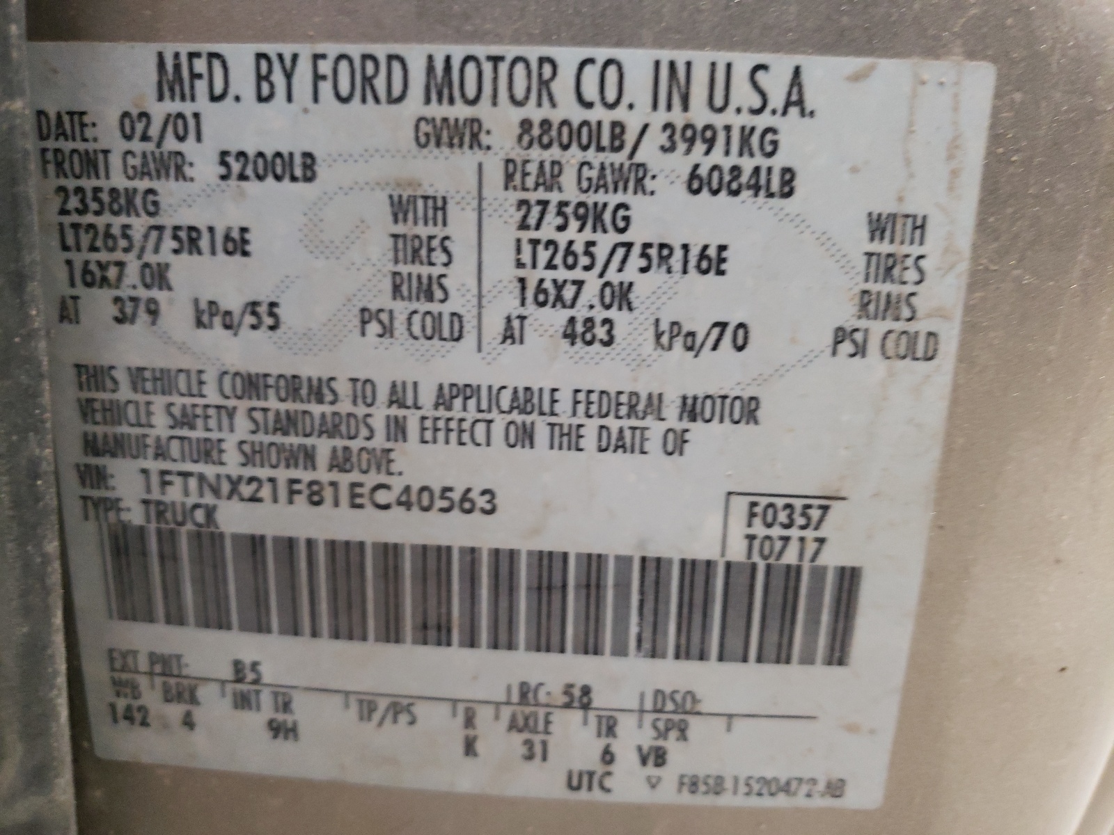 Photo 10 from auction – 2001 FORD F250 SUPER with VIN 1FTNX21F81EC40563