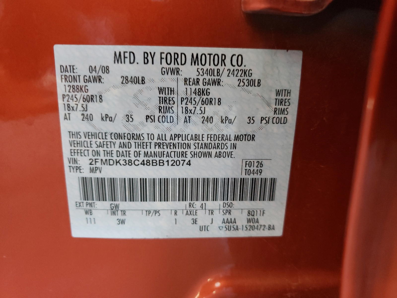 Photo 10 from auction – 2008 FORD EDGE SEL with VIN 2FMDK38C48BB12074