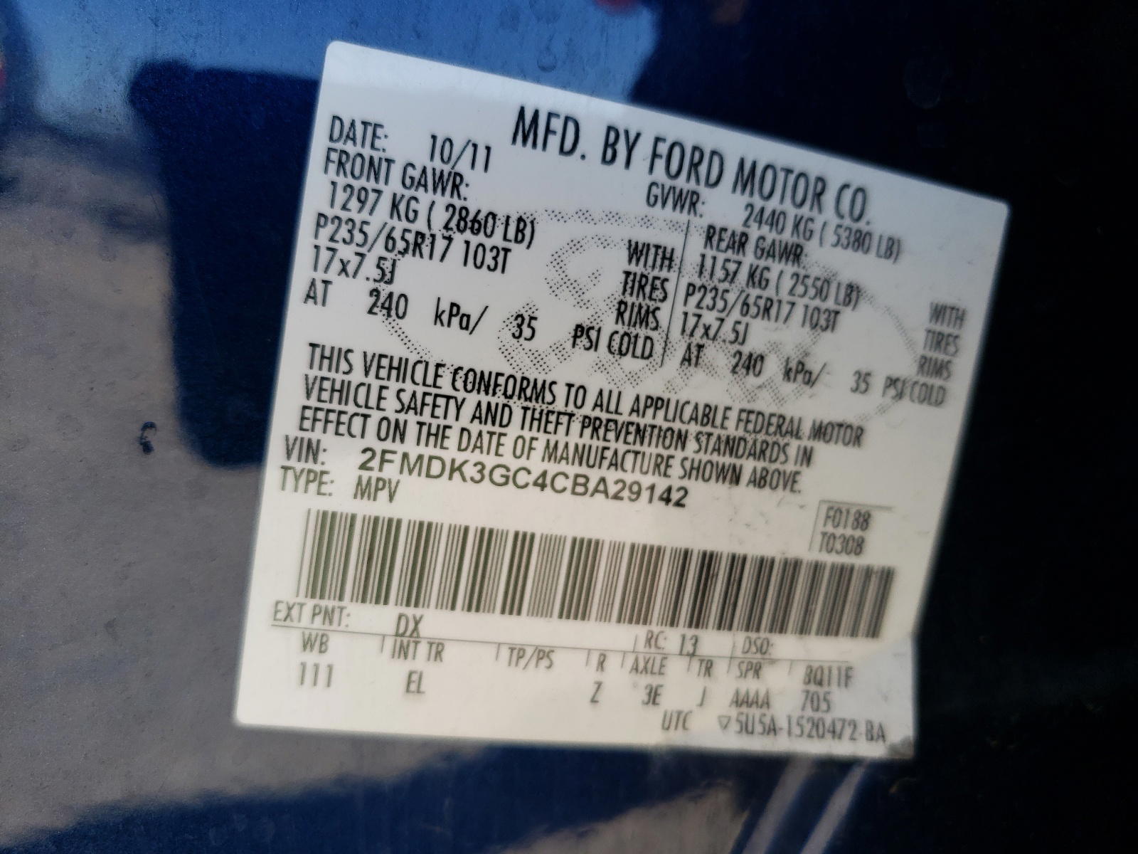 Photo 10 from auction – 2012 FORD EDGE SE with VIN 2FMDK3GC4CBA29142