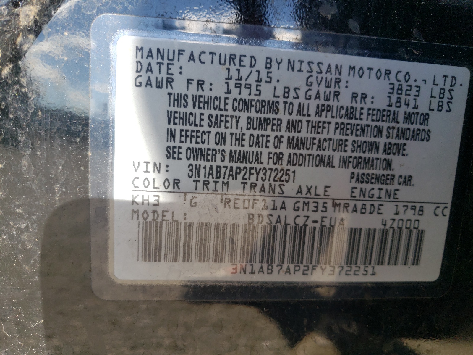 Photo 10 from auction – 2015 NISSAN SENTRA S with VIN 3N1AB7AP2FY372251