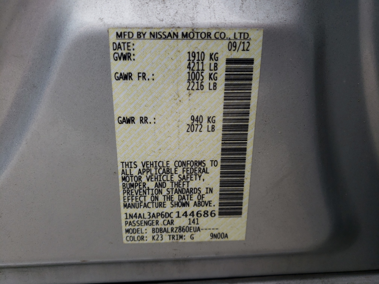 Photo 10 from auction – 2013 NISSAN ALTIMA 2.5 with VIN 1N4AL3AP6DC144686