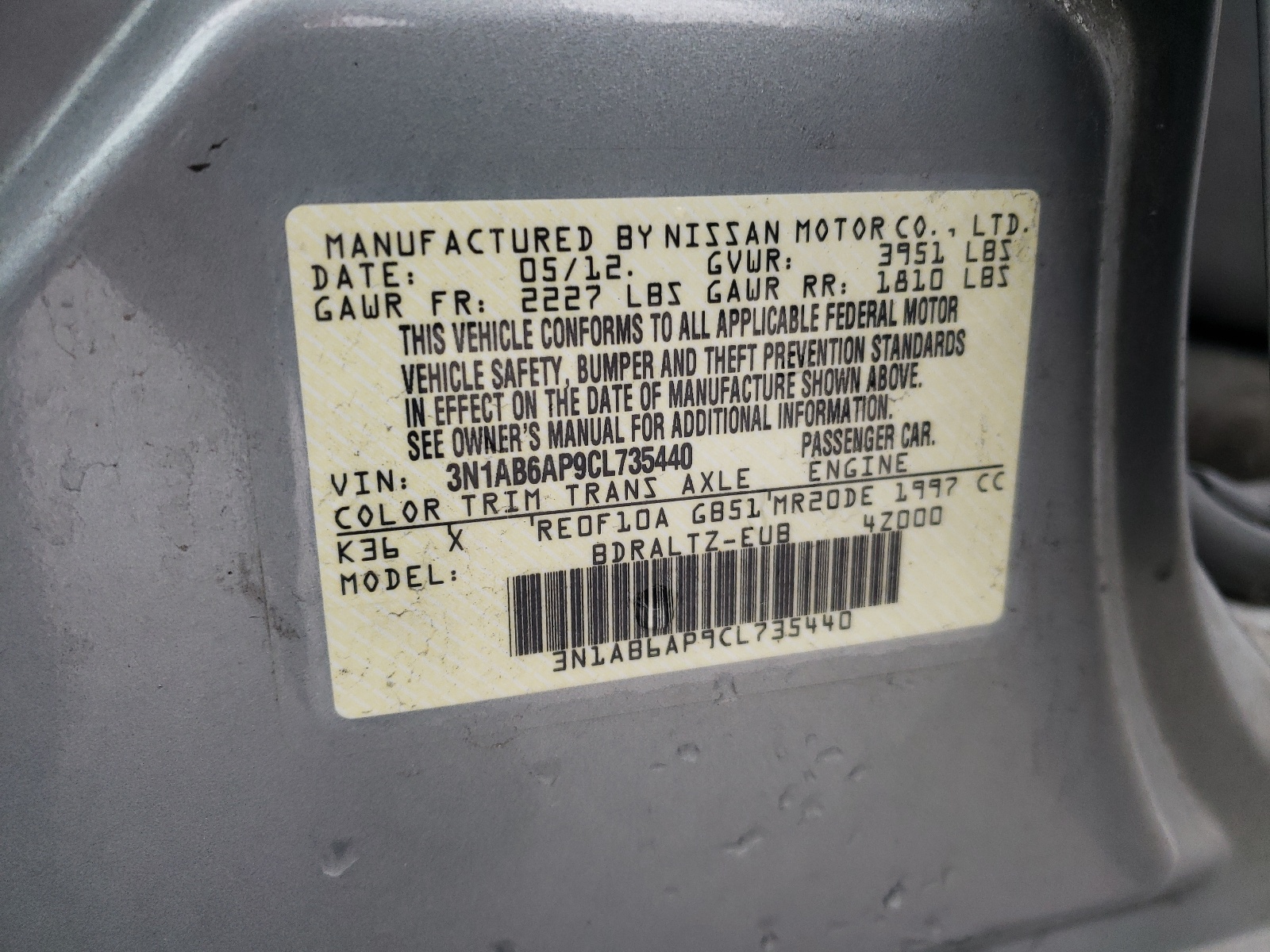 Photo 10 from auction – 2012 NISSAN SENTRA 2.0 with VIN 3N1AB6AP9CL735440