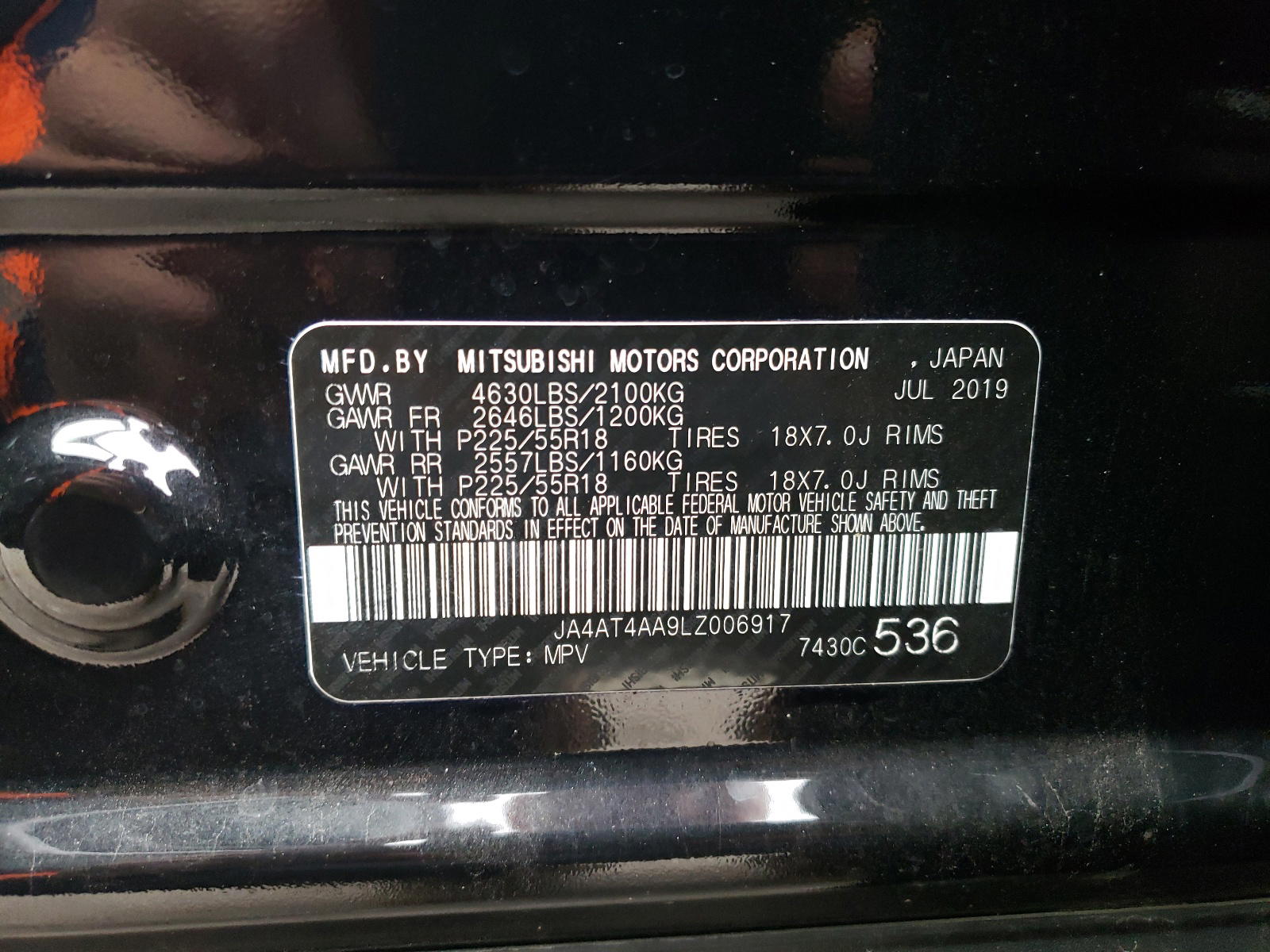 Photo 10 from auction – 2020 MITSUBISHI ECLIPSE CR with VIN JA4AT4AA9LZ006917