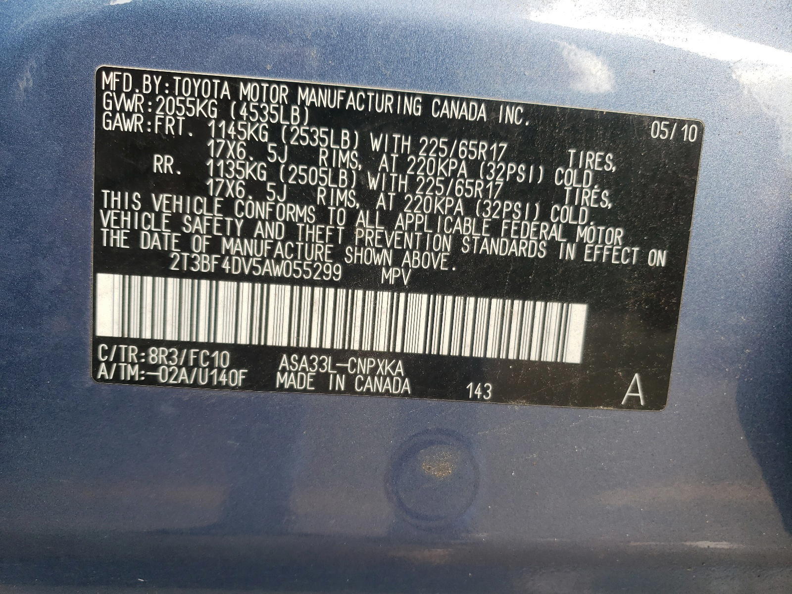 Photo 10 from auction – 2010 TOYOTA RAV4 with VIN 2T3BF4DV5AW055299