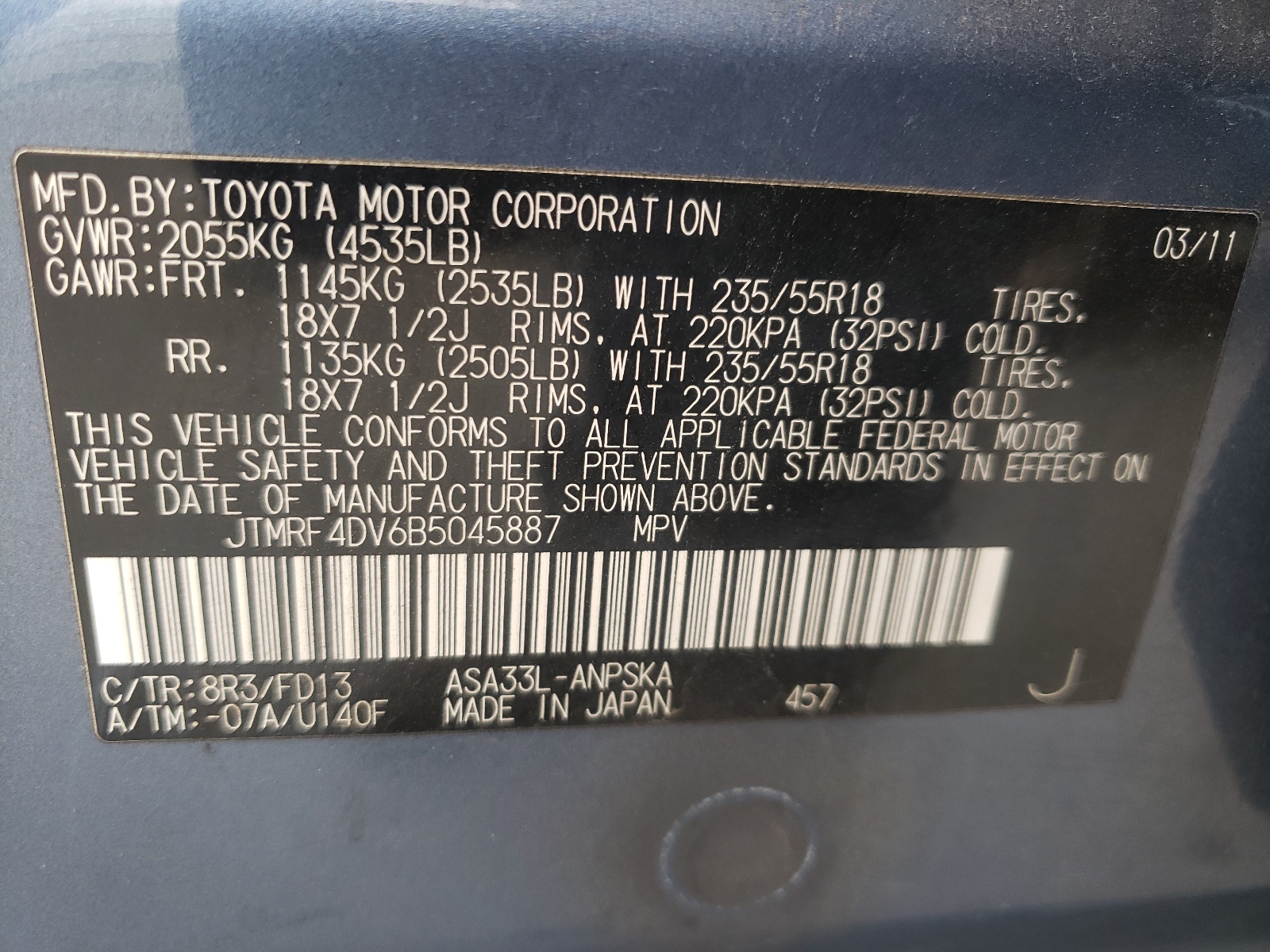 Photo 10 from auction – 2011 TOYOTA RAV4 SPORT with VIN JTMRF4DV6B5045887