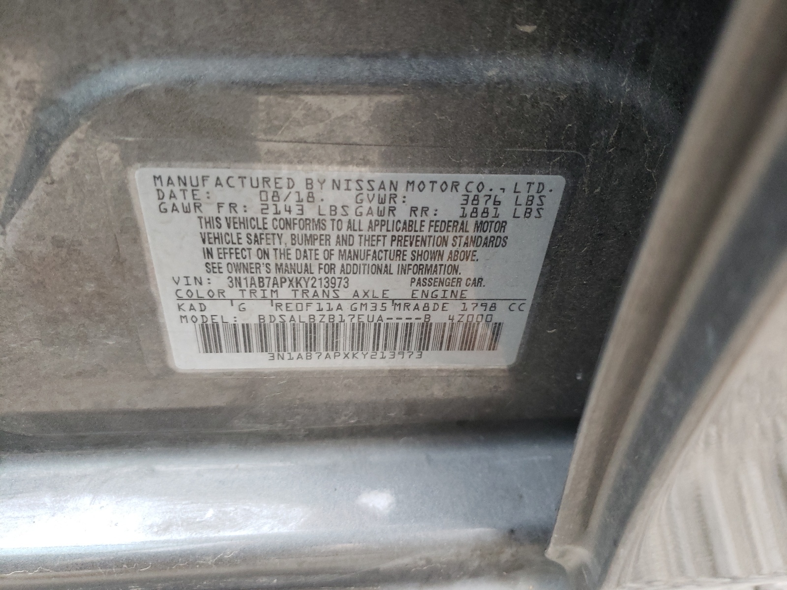 Photo 10 from auction – 2019 NISSAN SENTRA S with VIN 3N1AB7APXKY213973