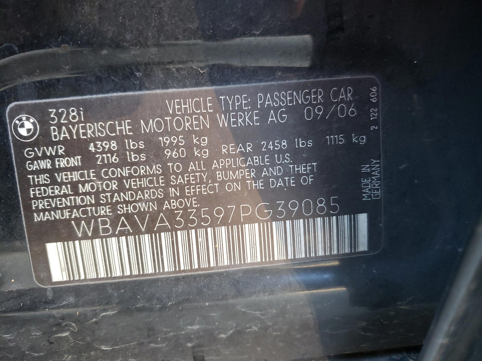 Photo 10 from auction – 2007 BMW 328 I with VIN WBAVA33597PG39085