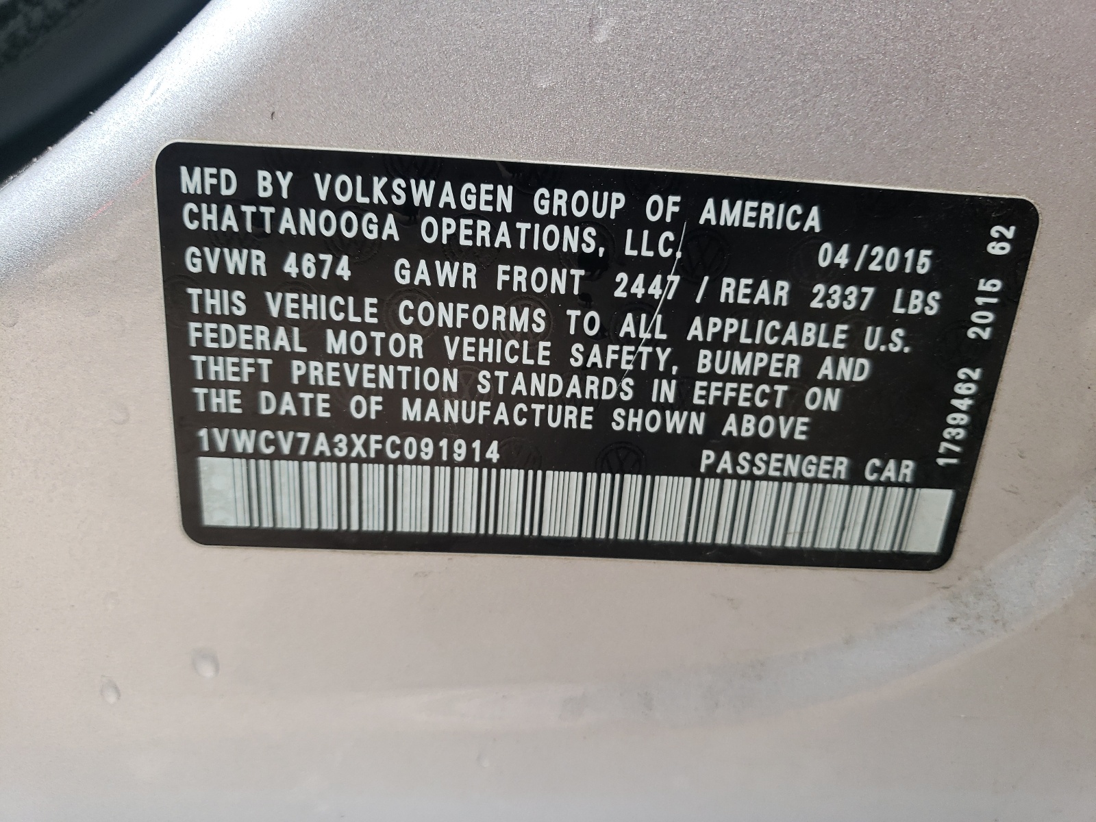 Photo 10 from auction – 2015 VOLKSWAGEN PASSAT SEL with VIN 1VWCV7A3XFC091914