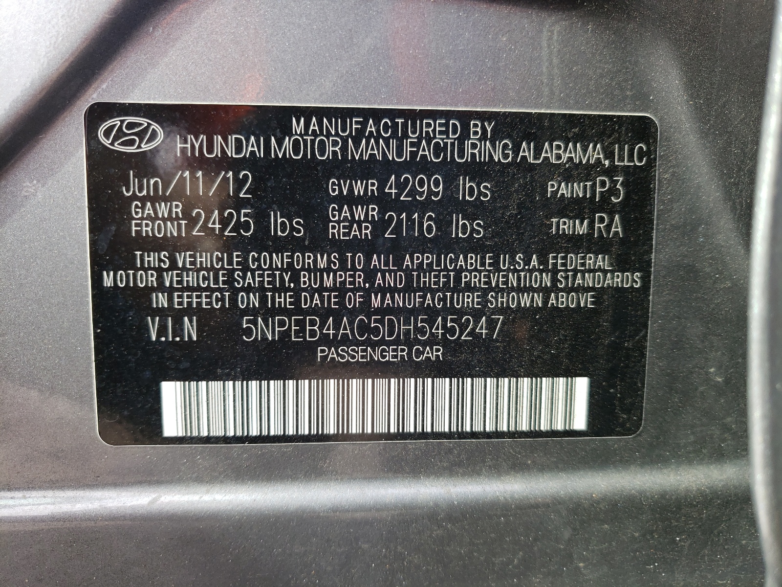 Photo 10 from auction – 2013 HYUNDAI SONATA GLS with VIN 5NPEB4AC5DH545247