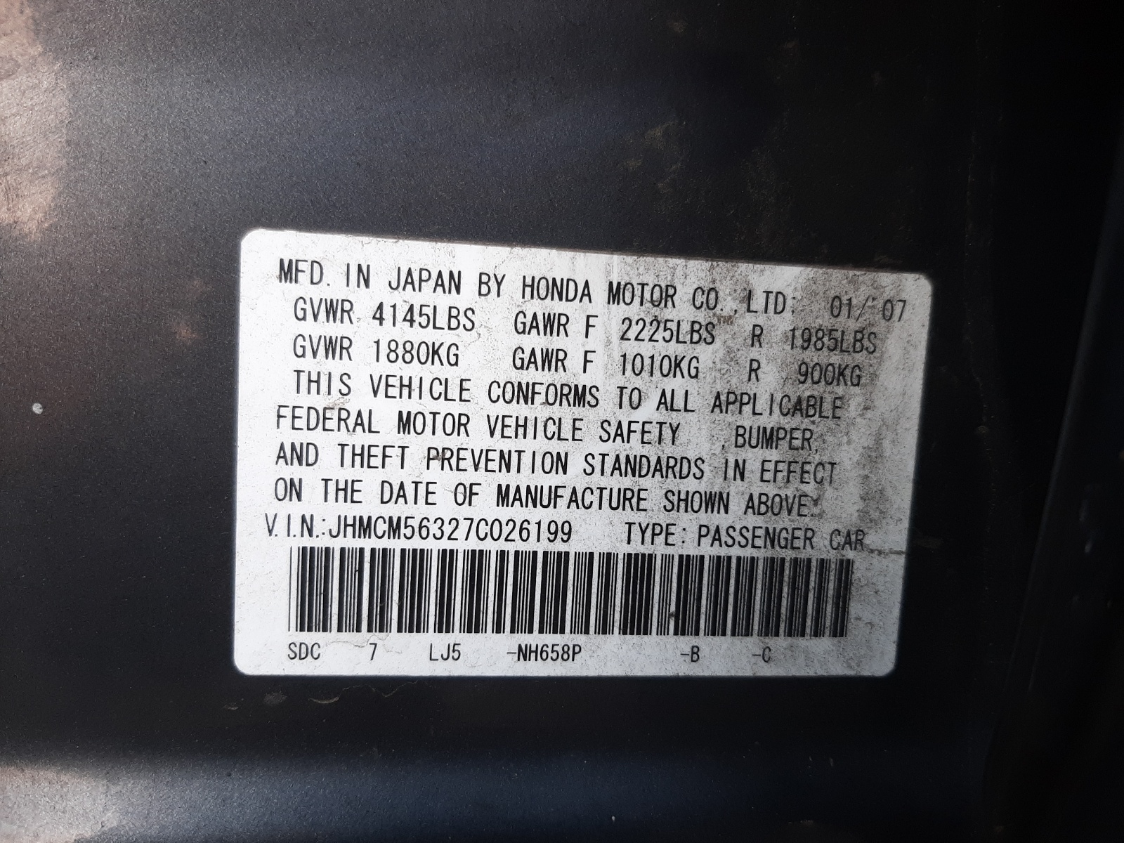 Photo 10 from auction – 2007 HONDA ACCORD SE with VIN JHMCM56327C026199