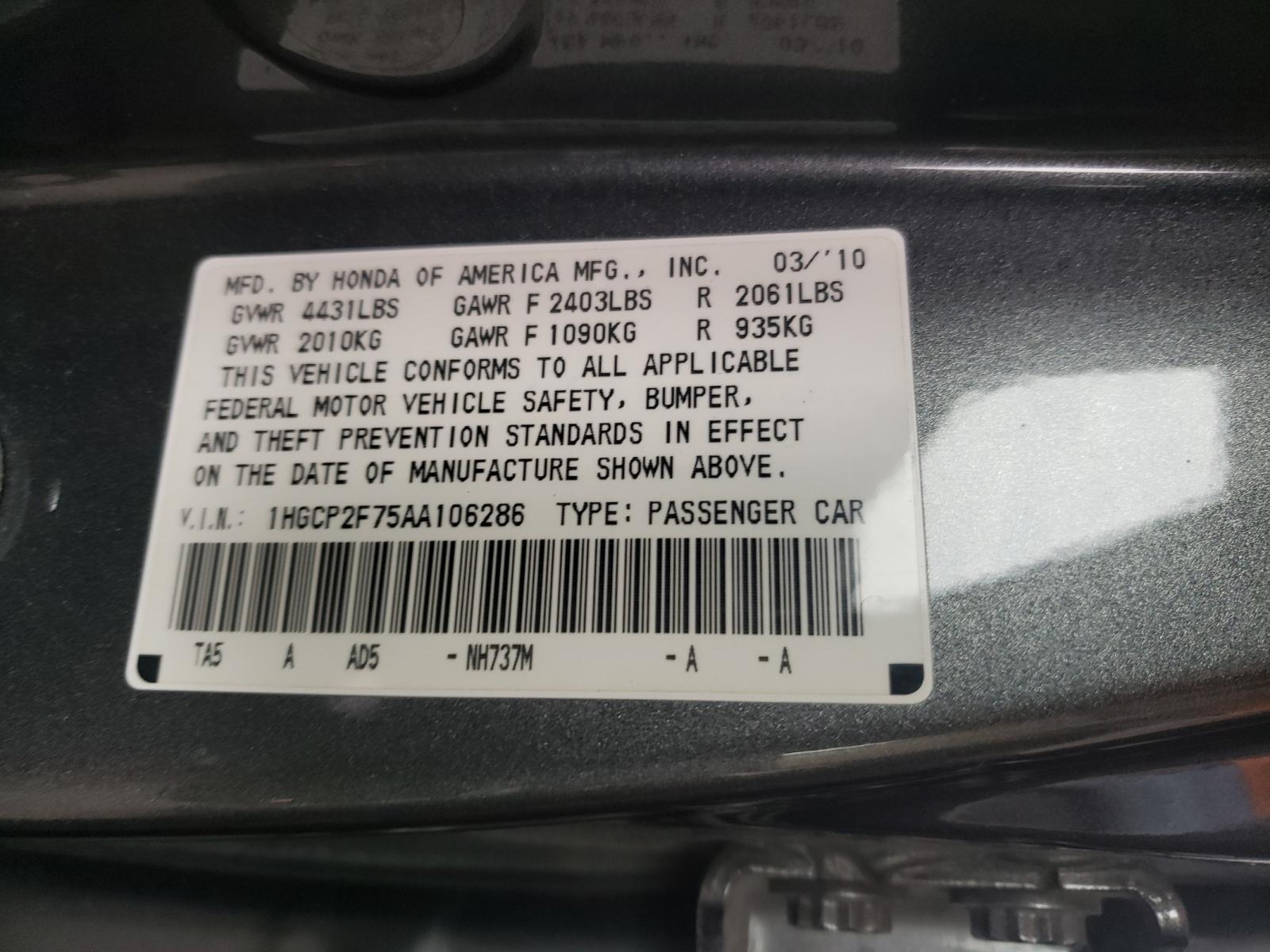 Photo 10 from auction – 2010 HONDA ACCORD EX with VIN 1HGCP2F75AA106286