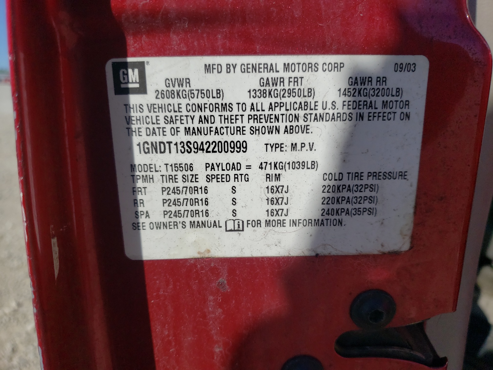 Photo 10 from auction – 2004 CHEVROLET TRAILBLAZE with VIN 1GNDT13S942200999