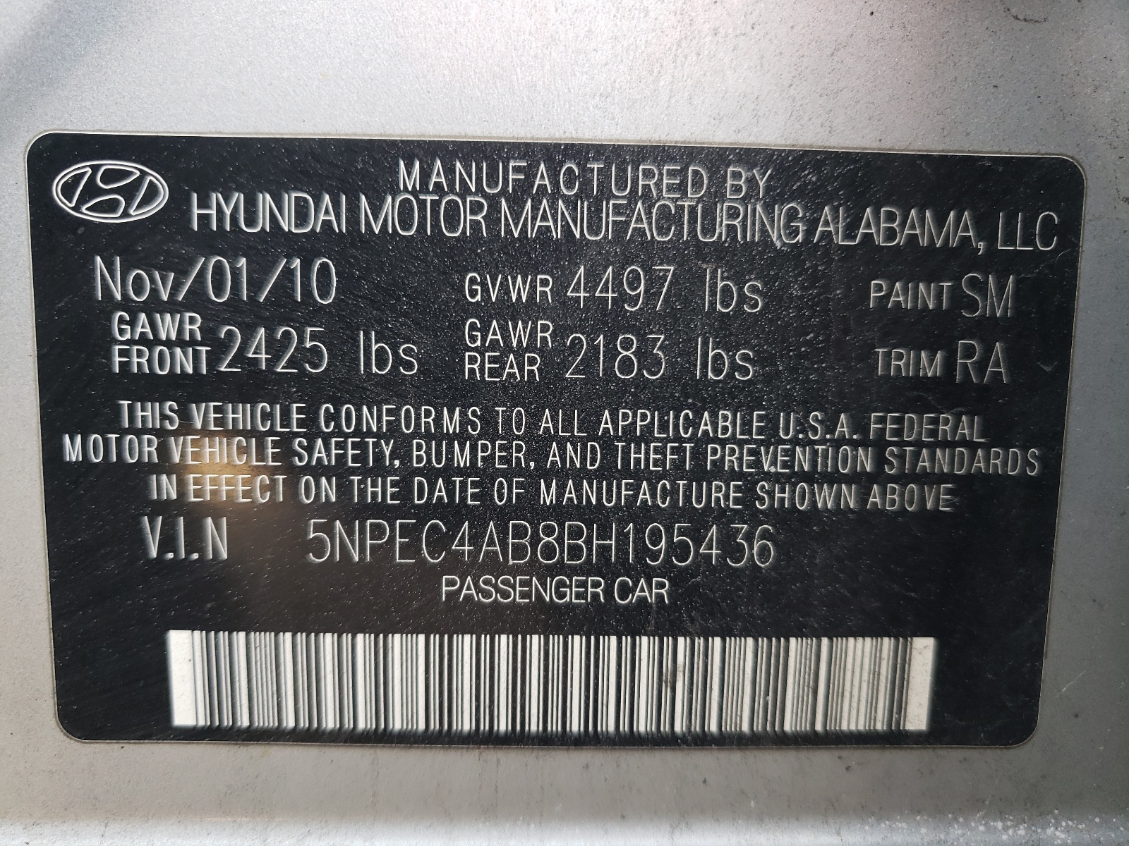 Photo 10 from auction – 2011 HYUNDAI SONATA SE with VIN 5NPEC4AB8BH195436
