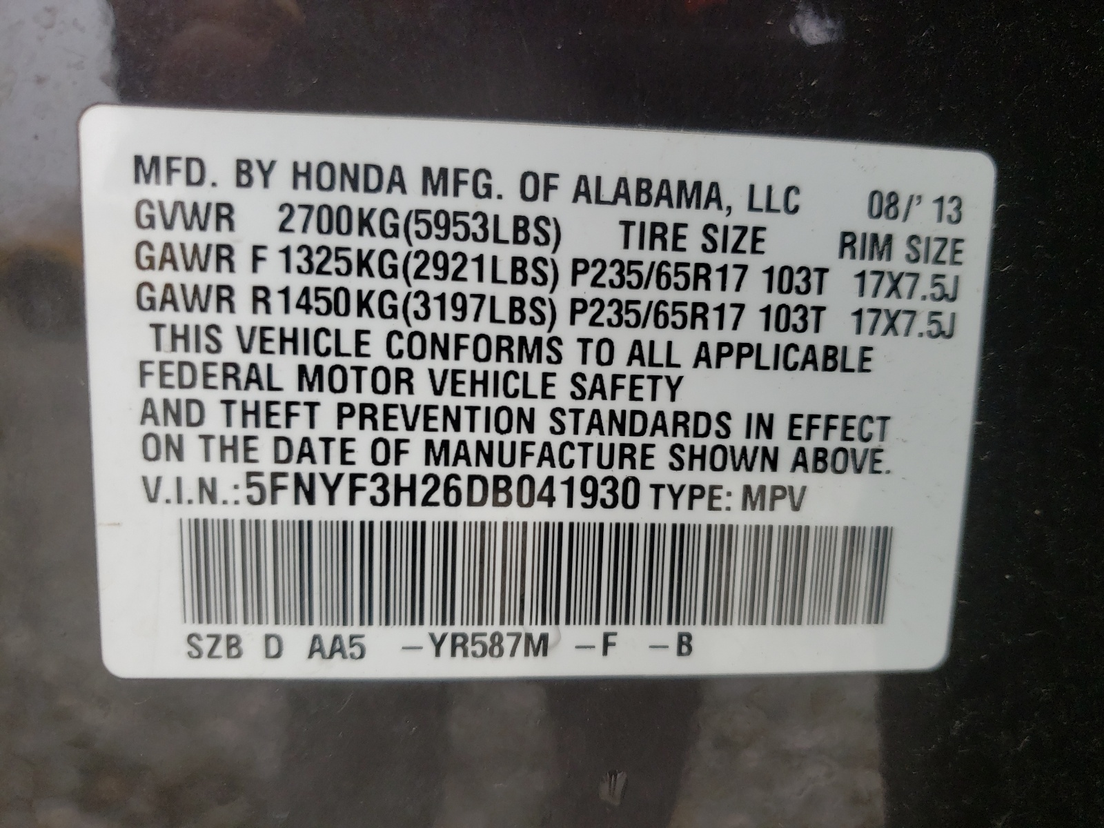 Photo 10 from auction – 2013 HONDA PILOT LX with VIN 5FNYF3H26DB041930