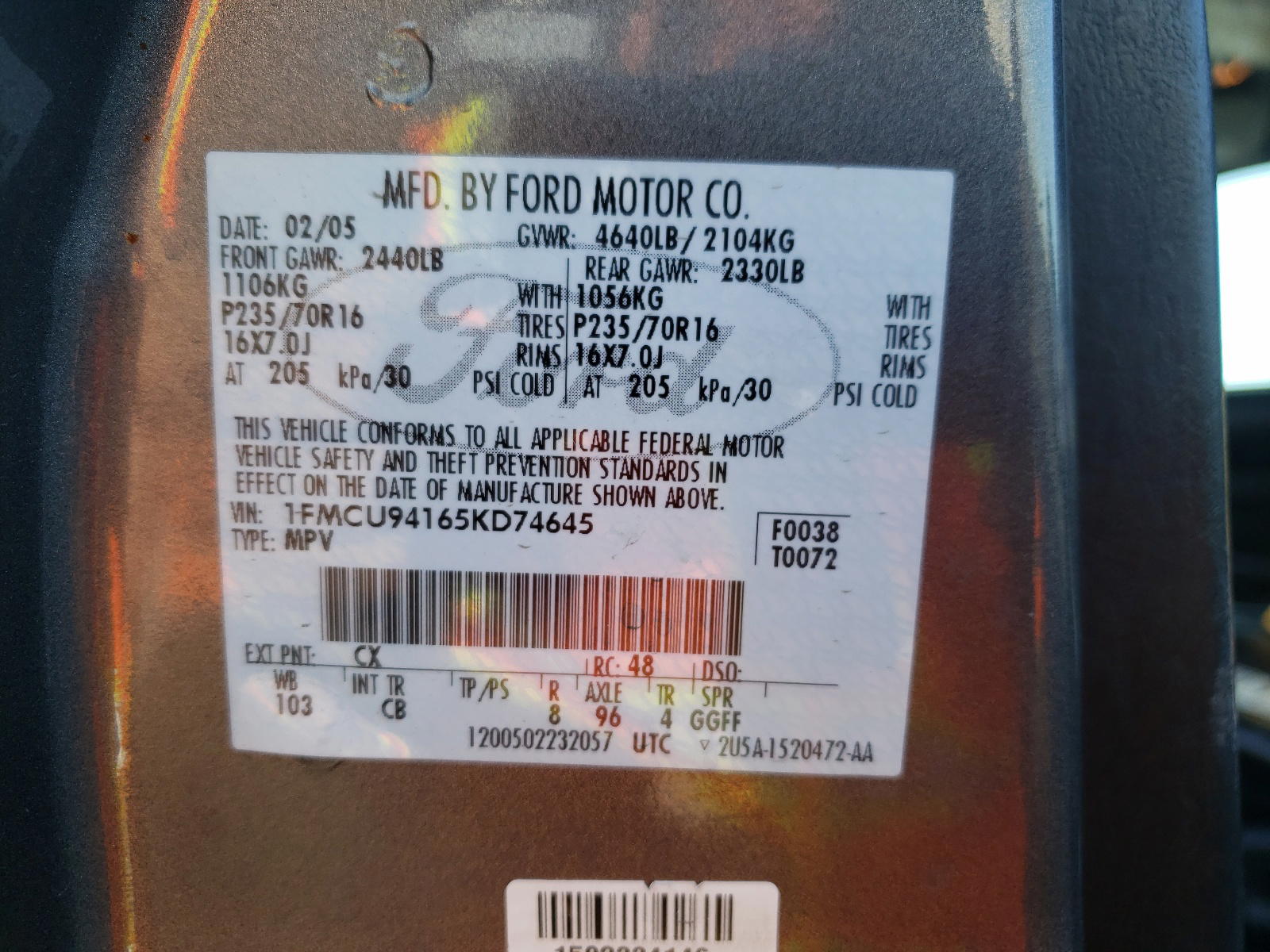 Photo 10 from auction – 2005 FORD ESCAPE LIM with VIN 1FMCU94165KD74645