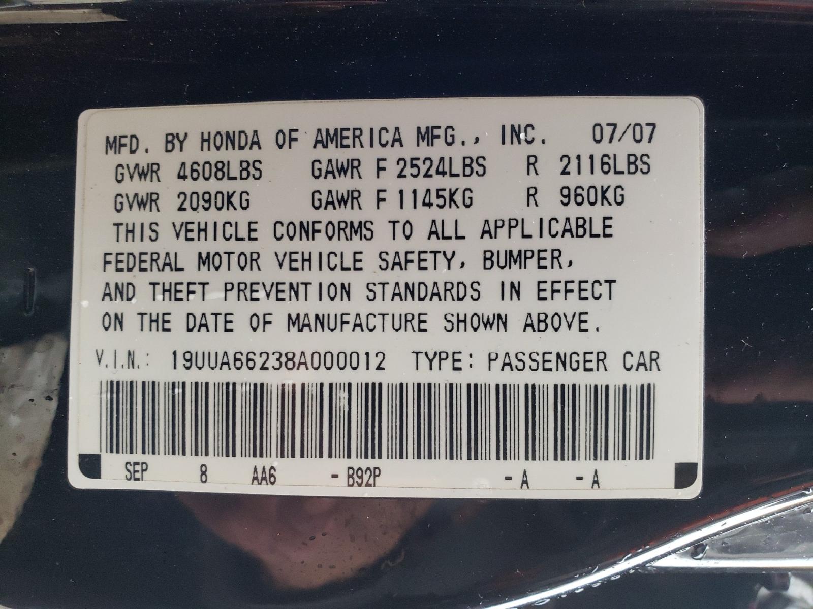 Photo 10 from auction – 2008 ACURA TL with VIN 19UUA66238A000012