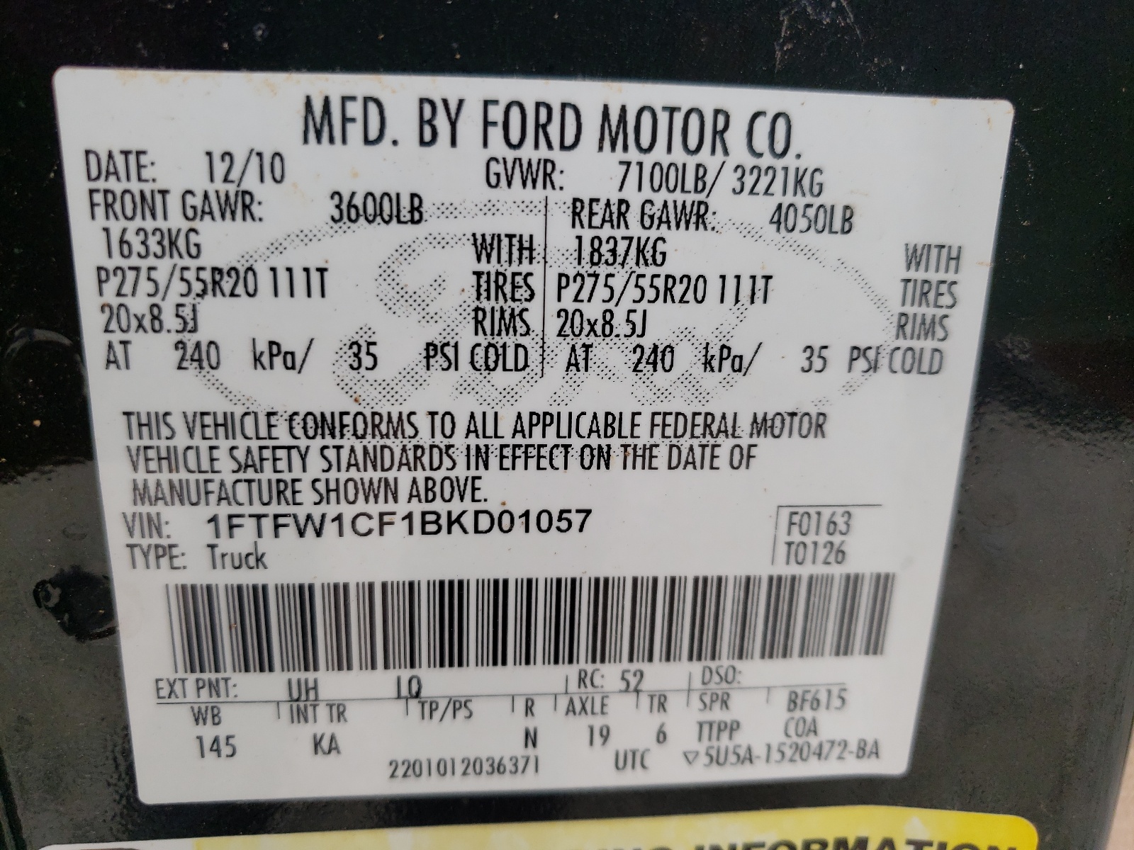 Photo 10 from auction – 2011 FORD F150 SUPER with VIN 1FTFW1CF1BKD01057