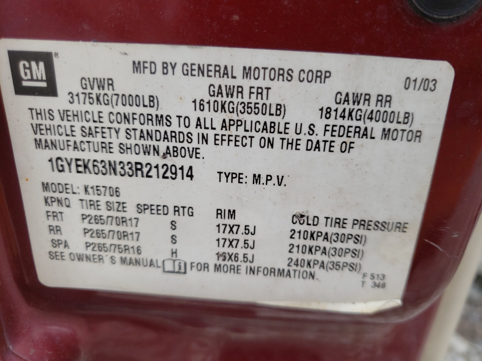 Photo 10 from auction – 2003 CADILLAC ESCALADE L with VIN 1GYEK63N33R212914