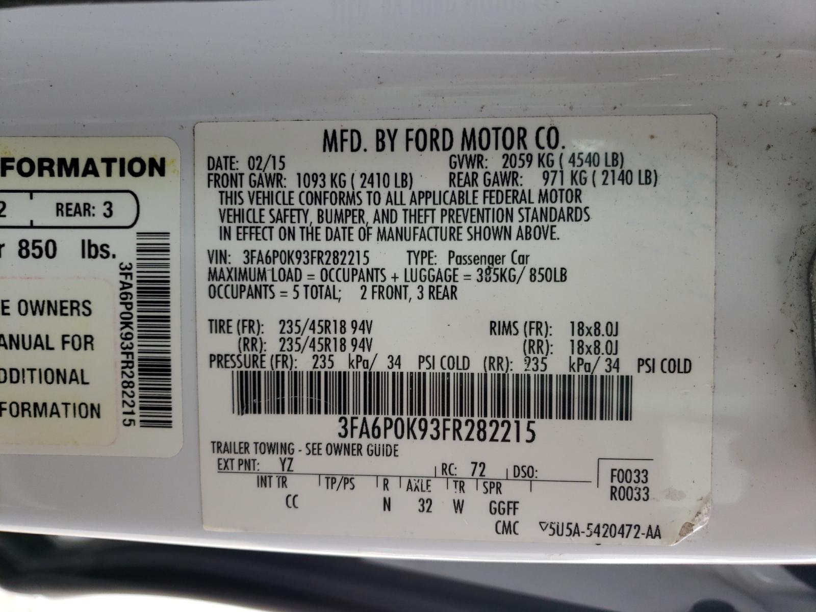 Photo 10 from auction – 2015 FORD FUSION TIT with VIN 3FA6P0K93FR282215