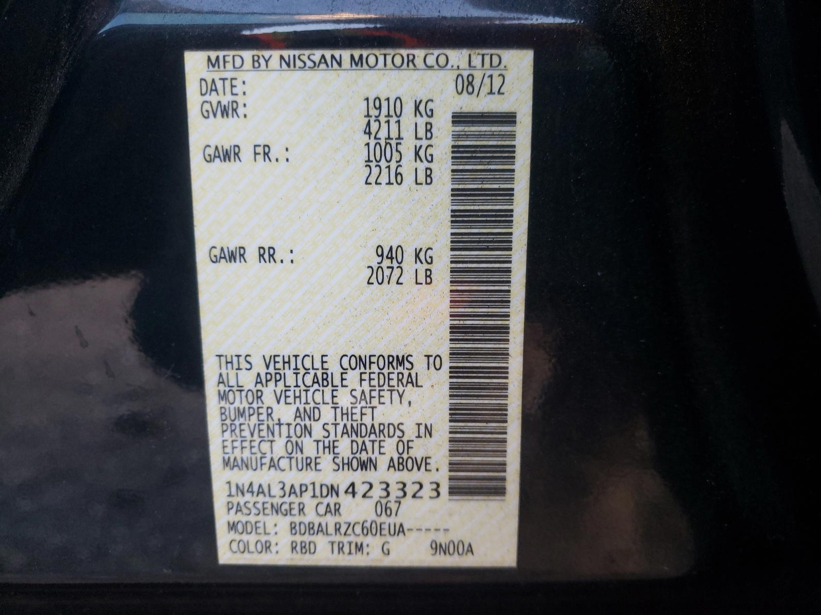Photo 10 from auction – 2013 NISSAN ALTIMA 2.5 with VIN 1N4AL3AP1DN423323