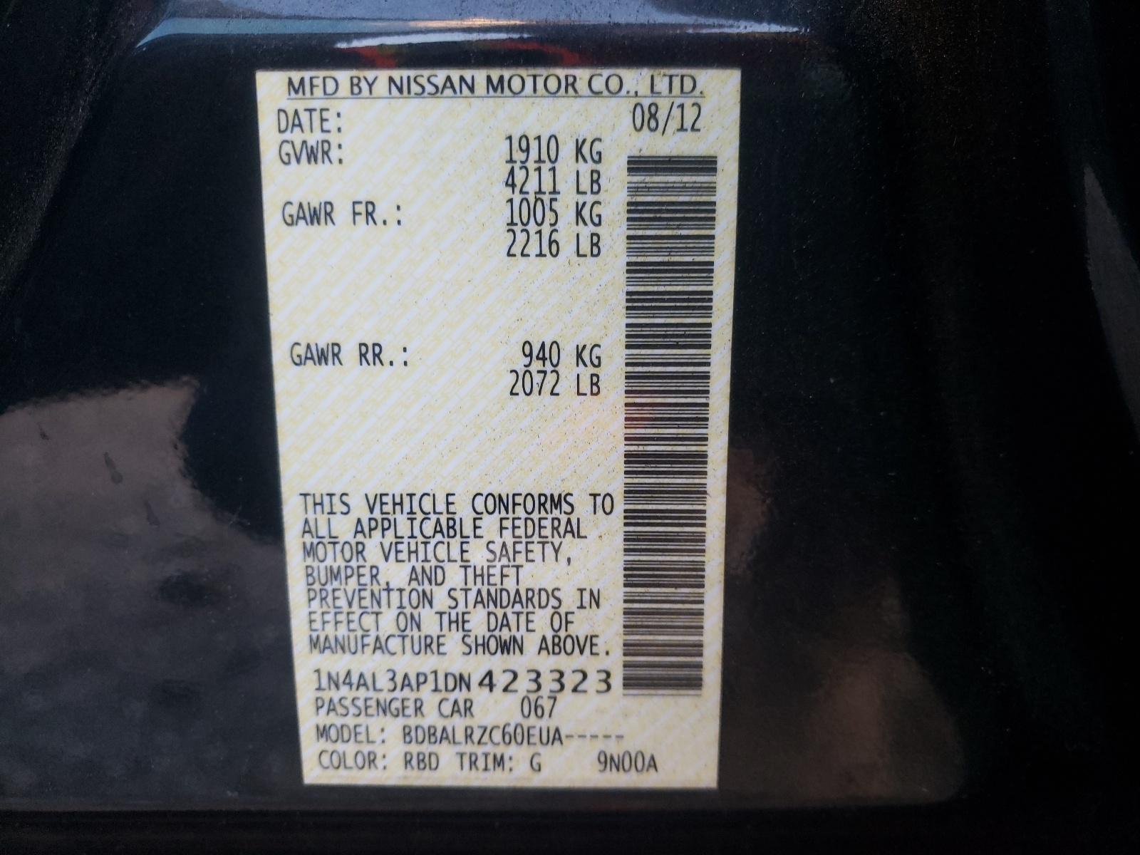 صورة رقم 10 من المزاد - 2013 NISSAN ALTIMA 2.5 مع VIN 1N4AL3AP1DN423323