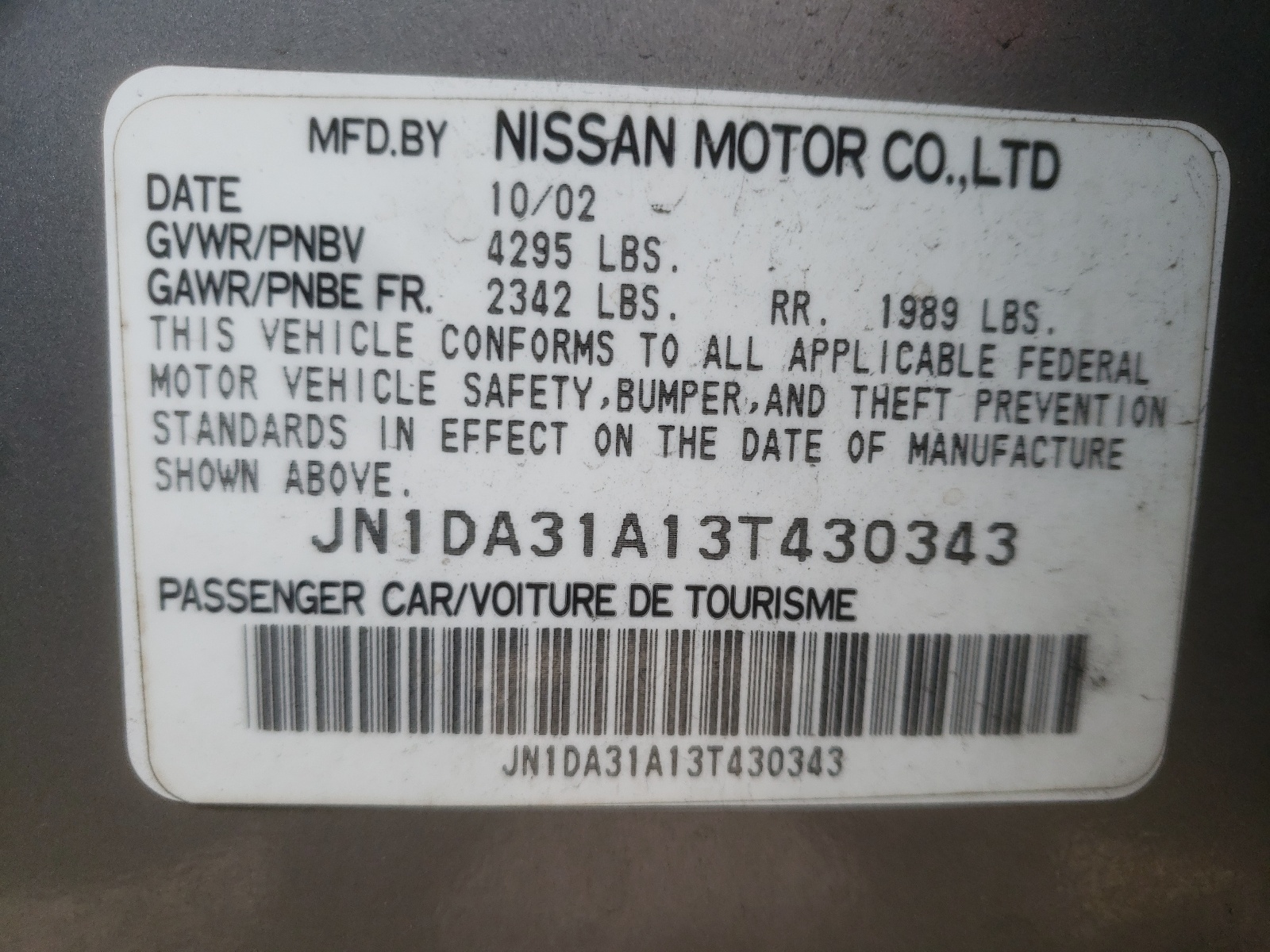 Photo 10 from auction – 2003 NISSAN MAXIMA GLE with VIN JN1DA31A13T430343