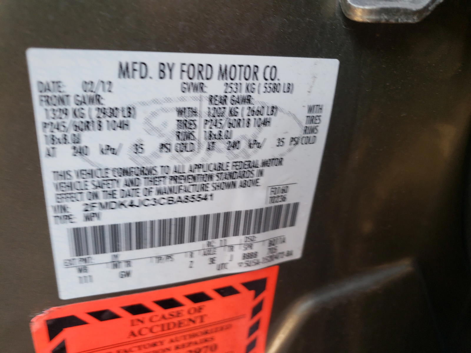 Photo 10 from auction – 2012 FORD EDGE SEL with VIN 2FMDK4JC3CBA85541