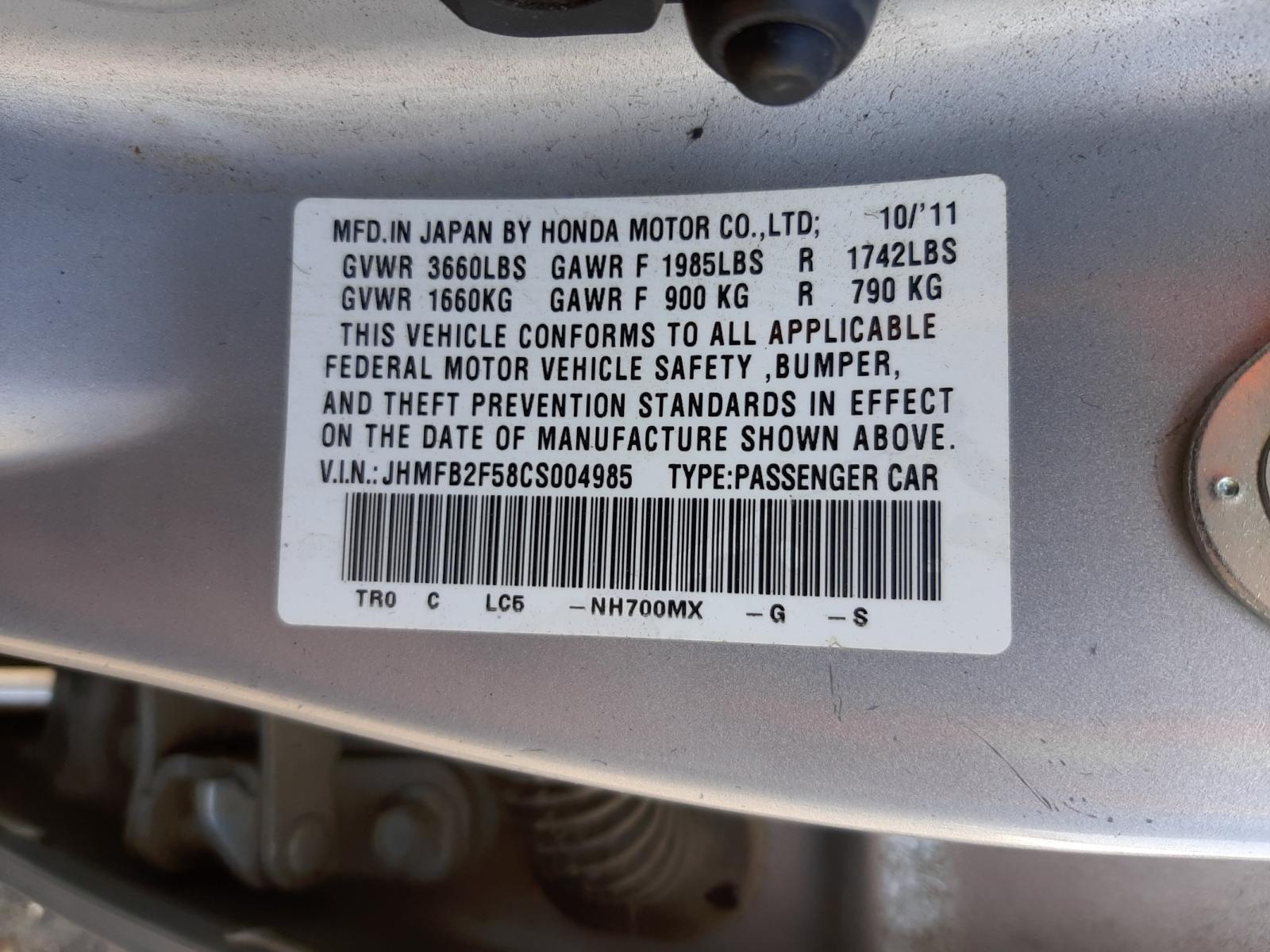 Photo 10 from auction – 2012 HONDA CIVIC LX with VIN JHMFB2F58CS004985