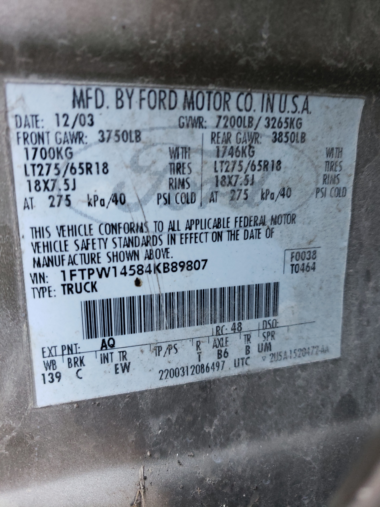 Photo 10 from auction – 2004 FORD F150 SUPER with VIN 1FTPW14584KB89807