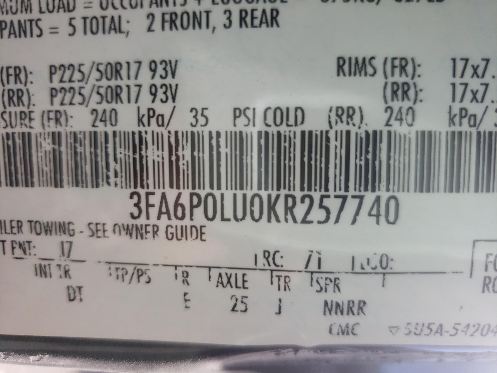 Photo 10 from auction – 2019 FORD FUSION SE with VIN 3FA6P0LU0KR257740
