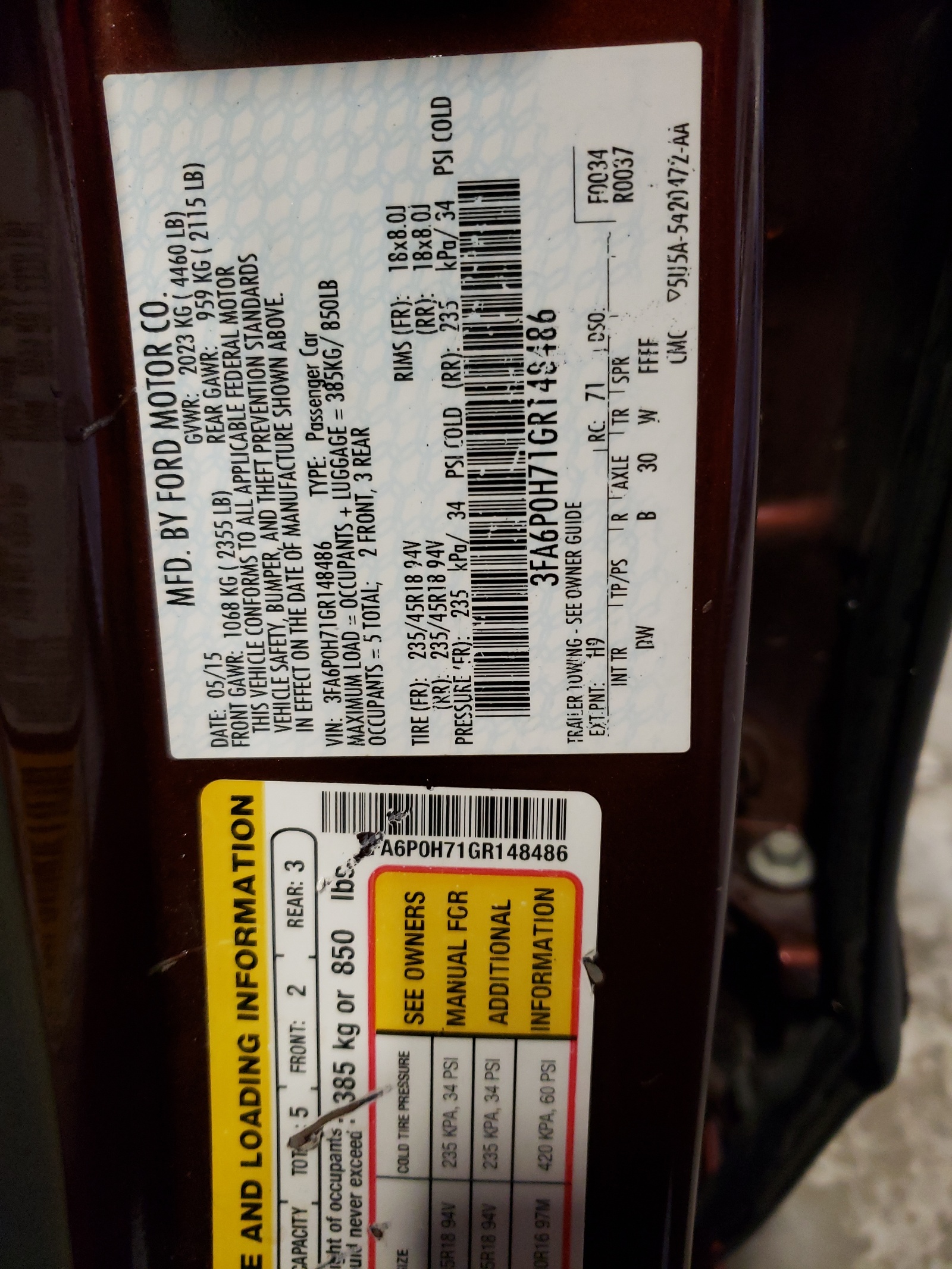 Photo 10 from auction – 2016 FORD FUSION SE with VIN 3FA6P0H71GR148486