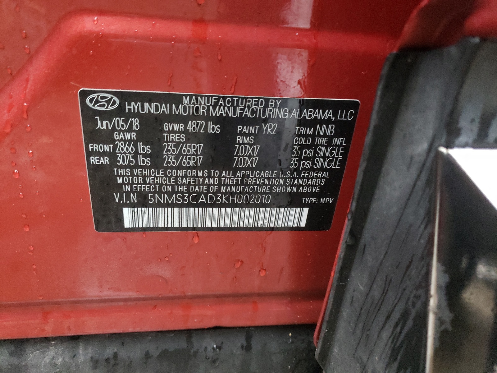 Photo 10 from auction – 2019 HYUNDAI SANTA FE S with VIN 5NMS3CAD3KH002010