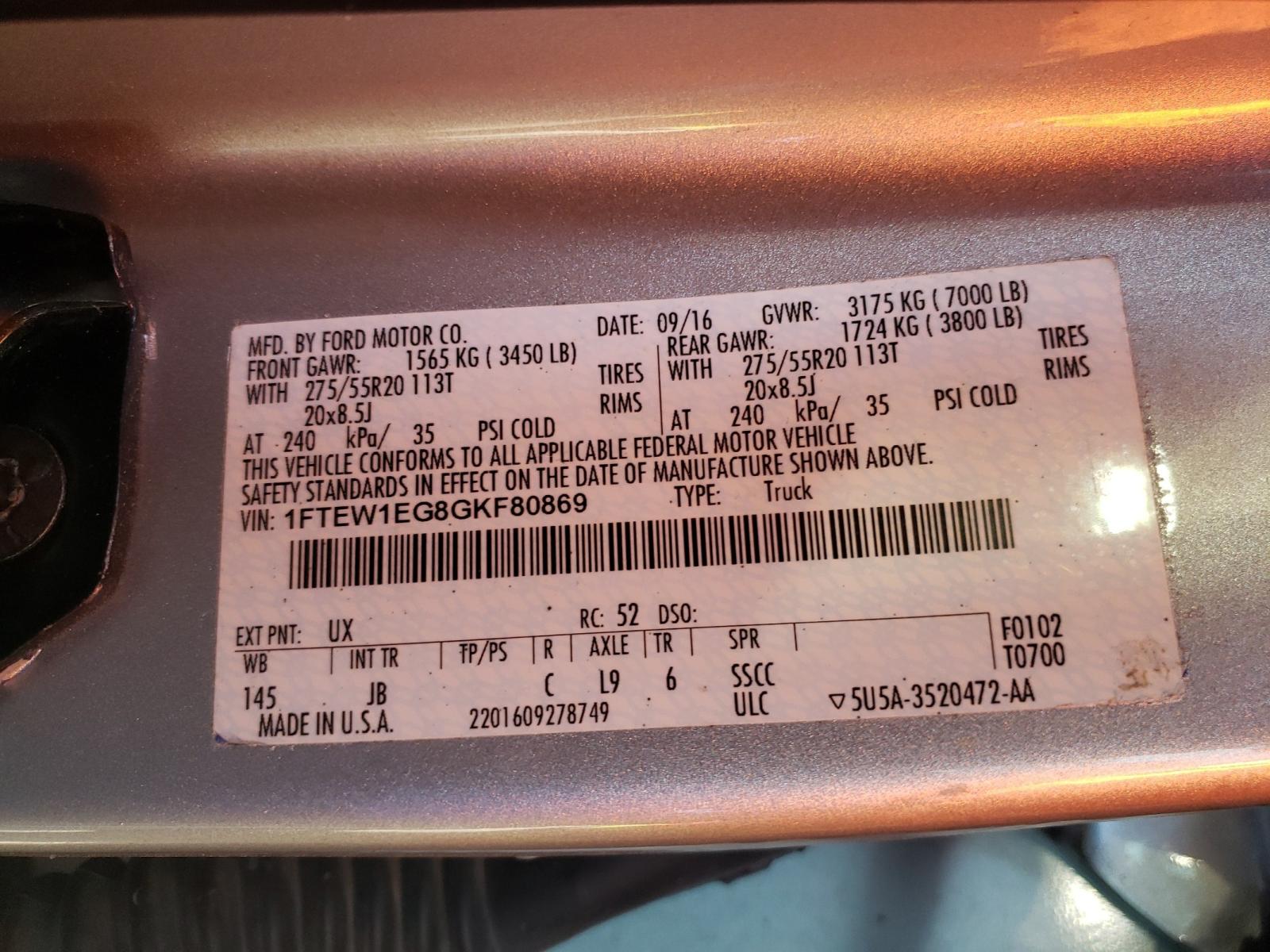 Photo 10 from auction – 2016 FORD F150 SUPER with VIN 1FTEW1EG8GKF80869