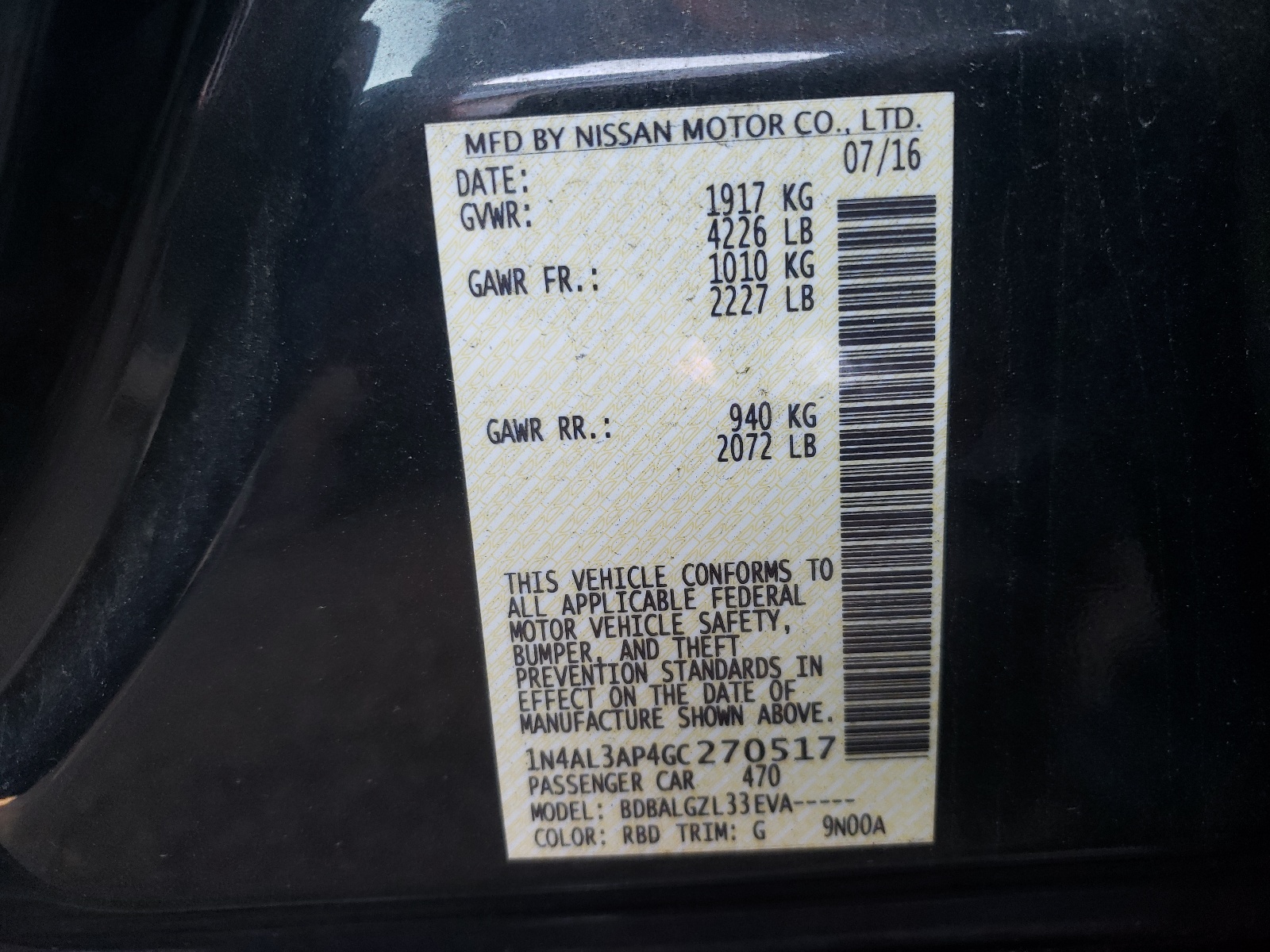 Photo 10 from auction – 2016 NISSAN ALTIMA 2.5 with VIN 1N4AL3AP4GC270517