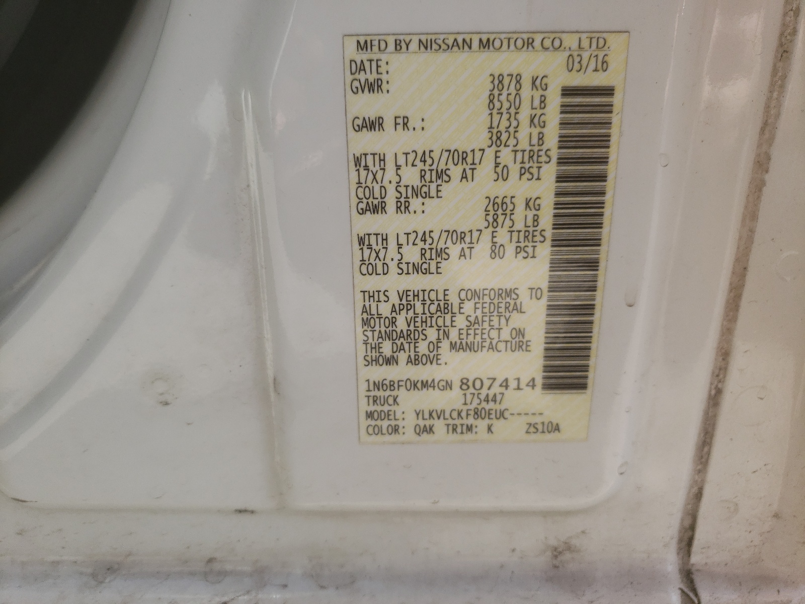 Photo 10 from auction – 2016 NISSAN NV 1500 S with VIN 1N6BF0KM4GN807414