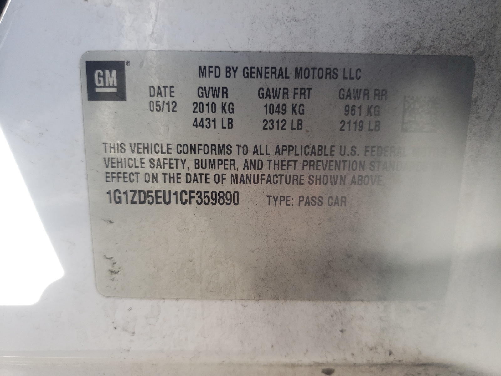 Photo 10 from auction – 2012 CHEVROLET MALIBU 2LT with VIN 1G1ZD5EU1CF359890