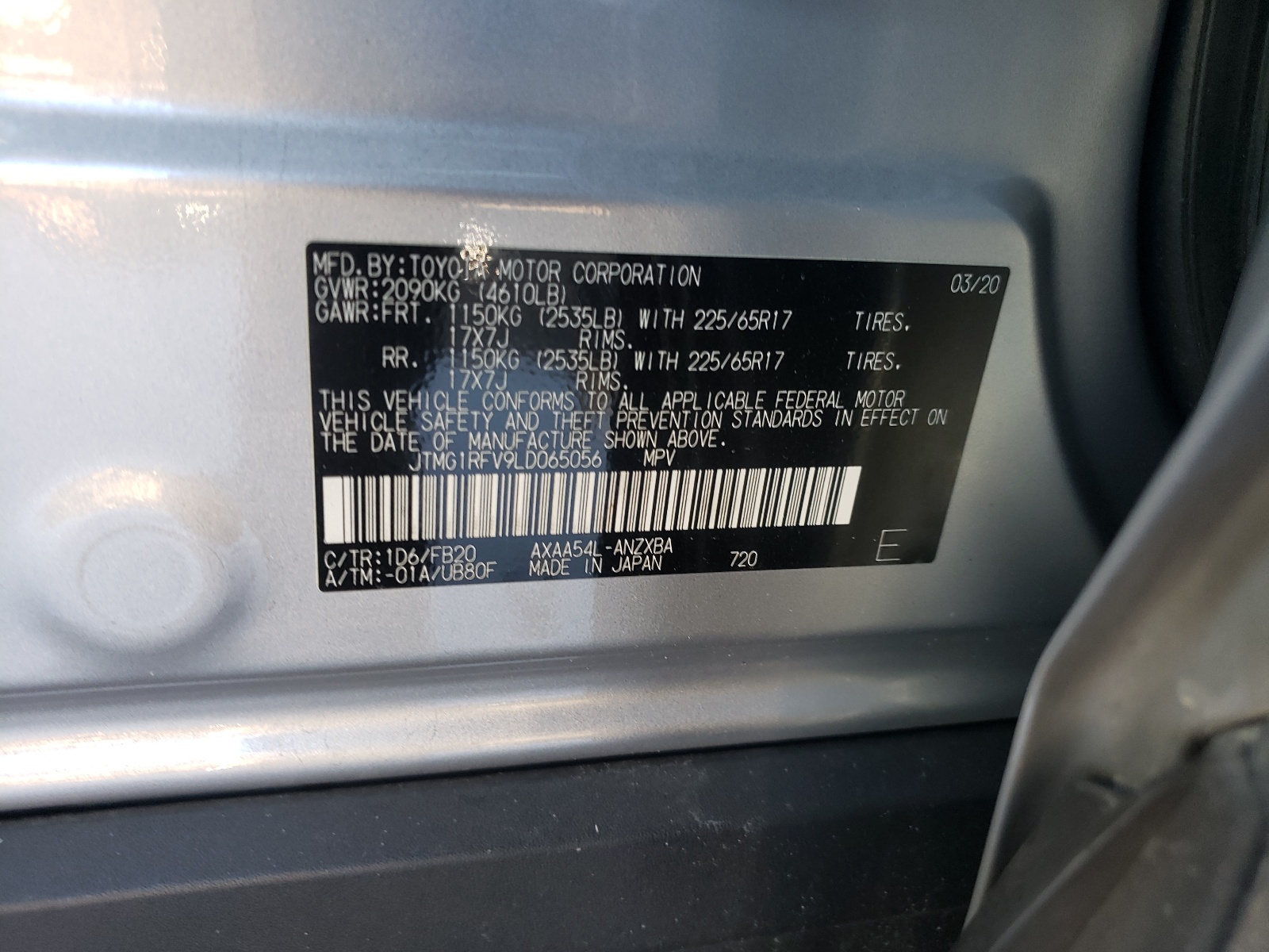 Photo 10 from auction – 2020 TOYOTA RAV4 LE with VIN JTMG1RFV9LD065056