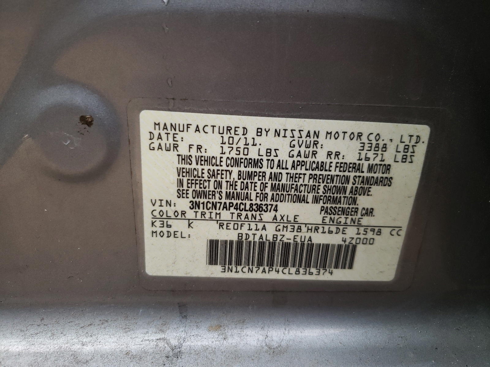 Photo 10 from auction – 2012 NISSAN VERSA S with VIN 3N1CN7AP4CL836374