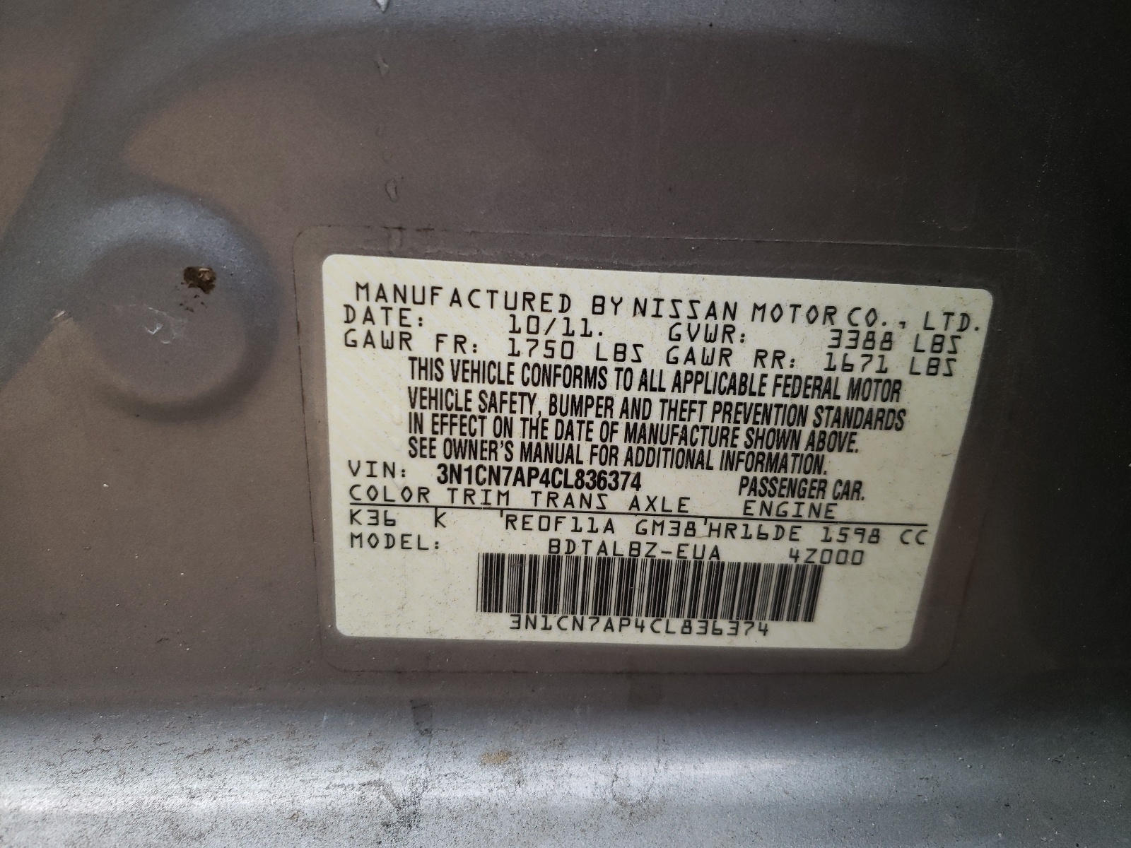 Zdjęcie 10 z aukcji – 2012 NISSAN VERSA S z VIN 3N1CN7AP4CL836374