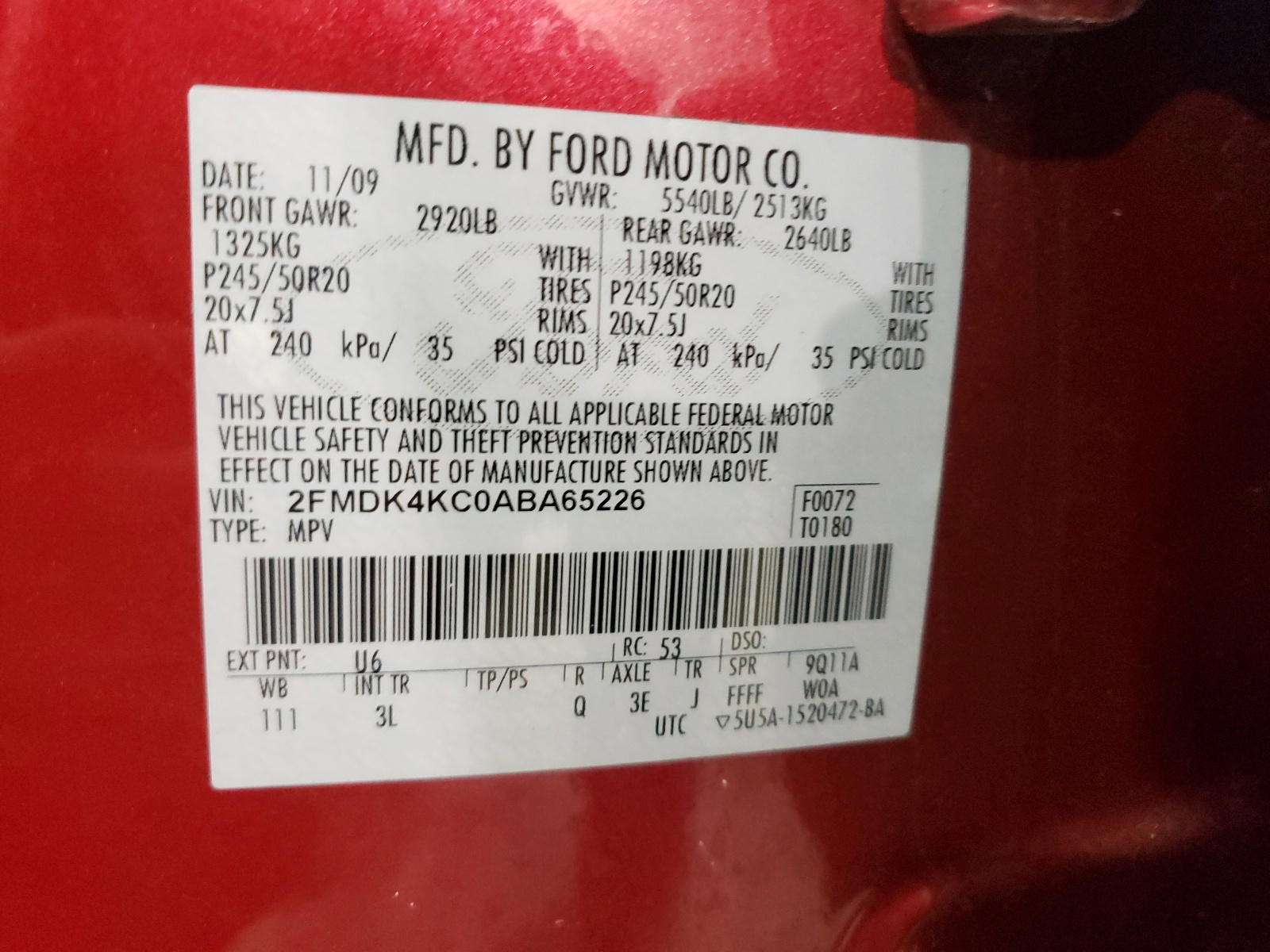 Photo 10 from auction – 2010 FORD EDGE LIMIT with VIN 2FMDK4KC0ABA65226