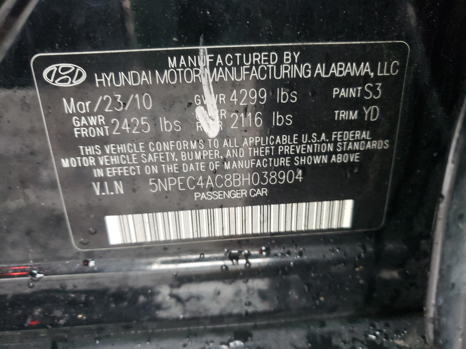 Photo 10 from auction – 2011 HYUNDAI SONATA SE with VIN 5NPEC4AC8BH038904