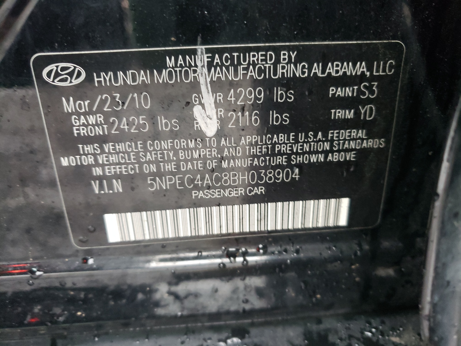 Zdjęcie 10 z aukcji – 2011 HYUNDAI SONATA SE z VIN 5NPEC4AC8BH038904