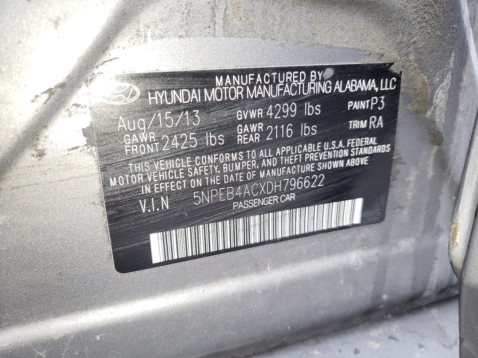 Photo 10 from auction – 2013 HYUNDAI SONATA GLS with VIN 5NPEB4ACXDH796622