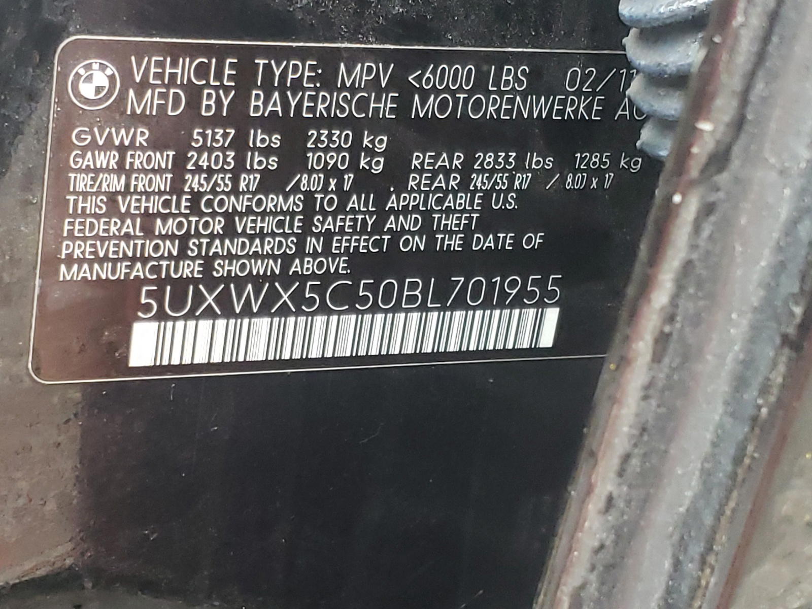 Photo 10 from auction – 2011 BMW X3 XDRIVE2 with VIN 5UXWX5C50BL701955