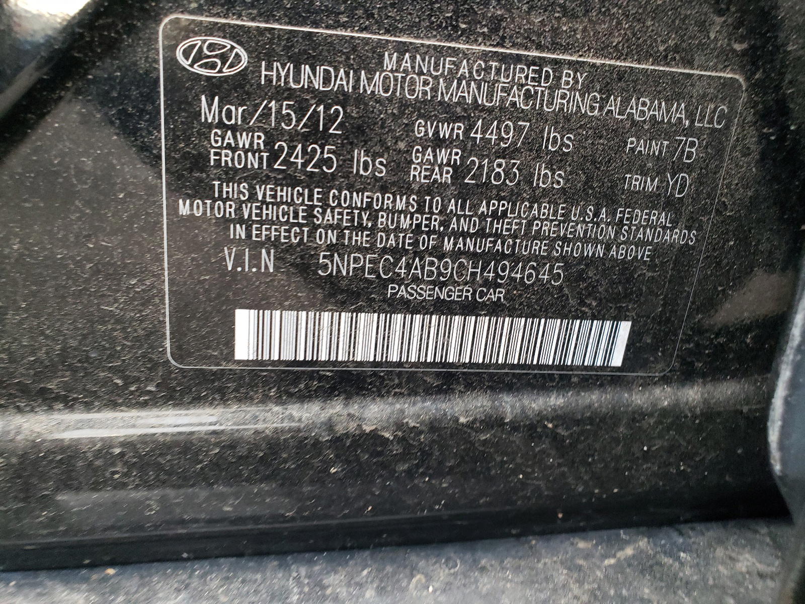 Photo 10 from auction – 2012 HYUNDAI SONATA SE with VIN 5NPEC4AB9CH494645